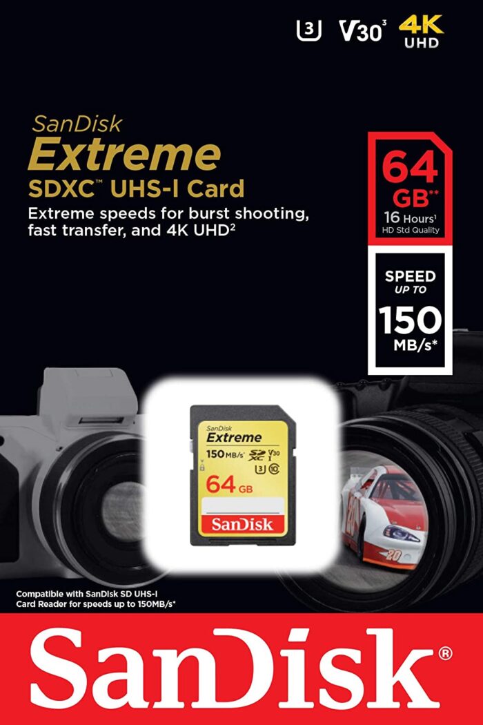 Cartão SD SanDisk 64GB Extreme SDXC UHS-I - C10, U3, V30, 4K UHD - SDSDXV6-064G-GNCIN - Imagem 3