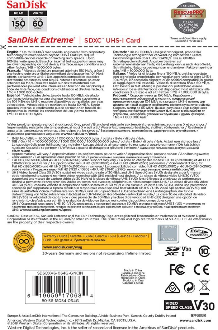 Cartão SD SanDisk 64GB Extreme SDXC UHS-I - C10, U3, V30, 4K UHD - SDSDXV6-064G-GNCIN - Imagem 4